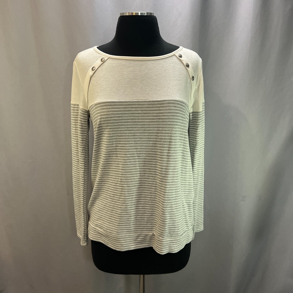 Pink Clover Luna Button Detail Brushed Knit Top Womens Small White Gray Striped